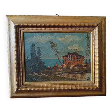 Peinture à l'huile sur panneau paysage début des années 1900