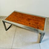 Vintage coffee table in elm burl and stainless steel base – Design 1970