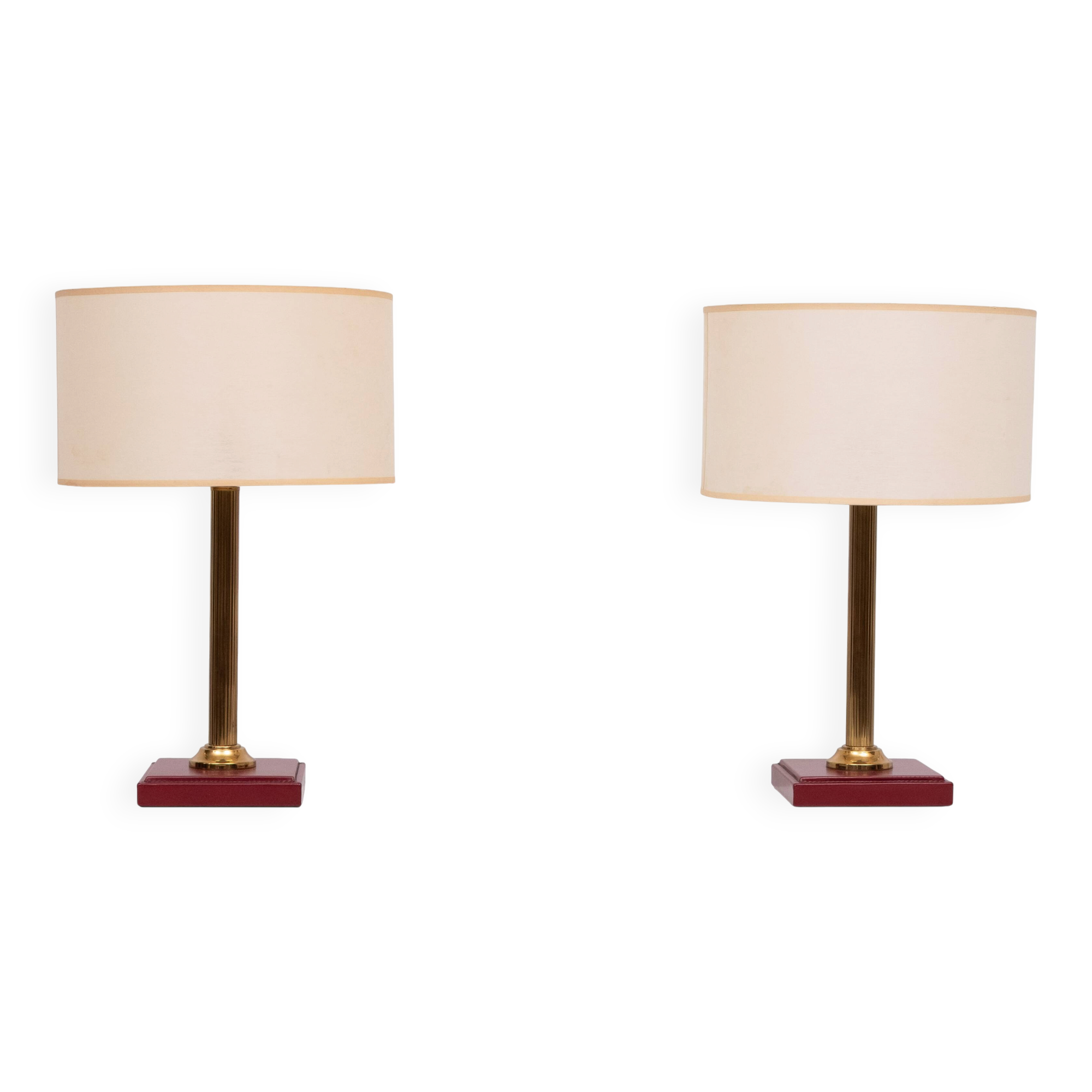 set Jacques Adnet Red Stich Leather Table lamps 1960s France