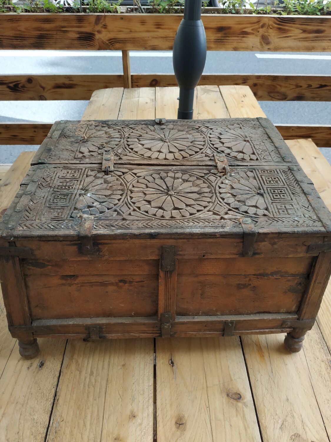 Carved wooden wedding chest