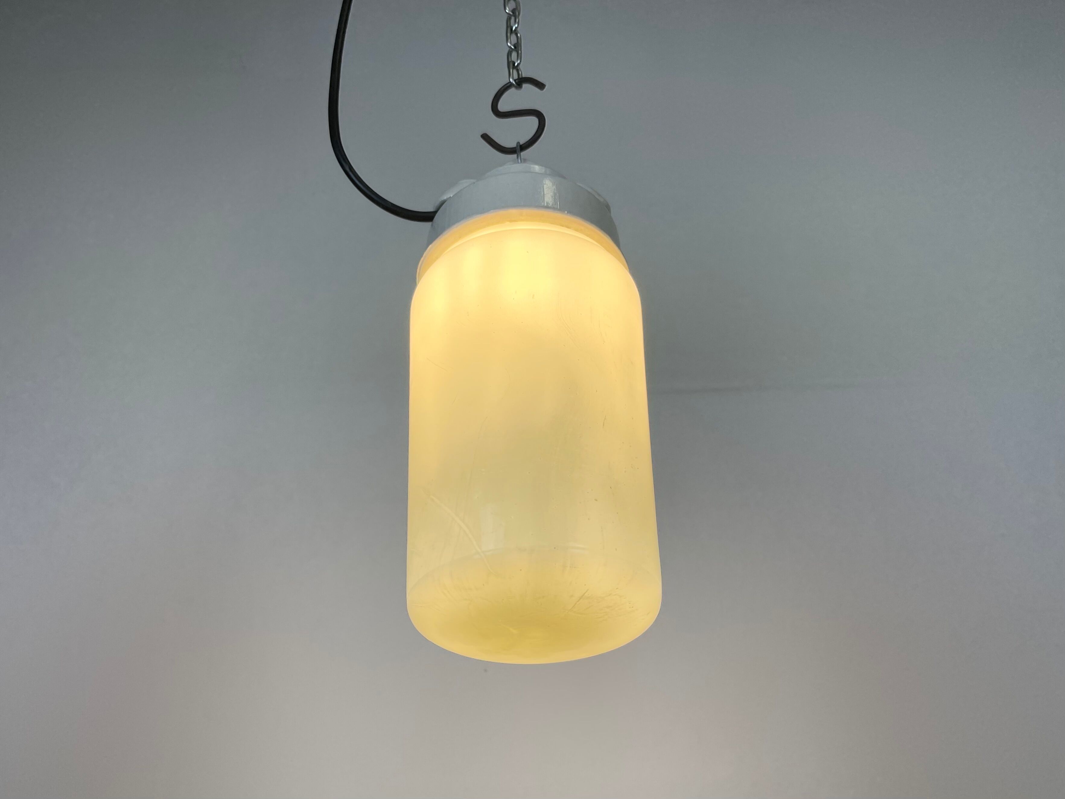 Industrial White Porcelain Pendant Light with Milk Glass, 1970s