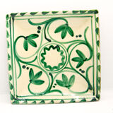 Square Mediterranean glazed earthenware dish with green flowers
