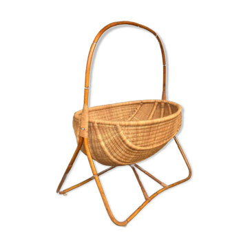 Berceau ancien en bois exotique style bambou et paillage
