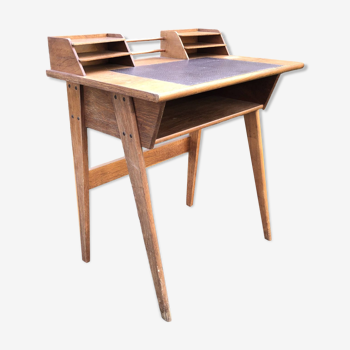 Bureau vintage à pieds compas en chêne.