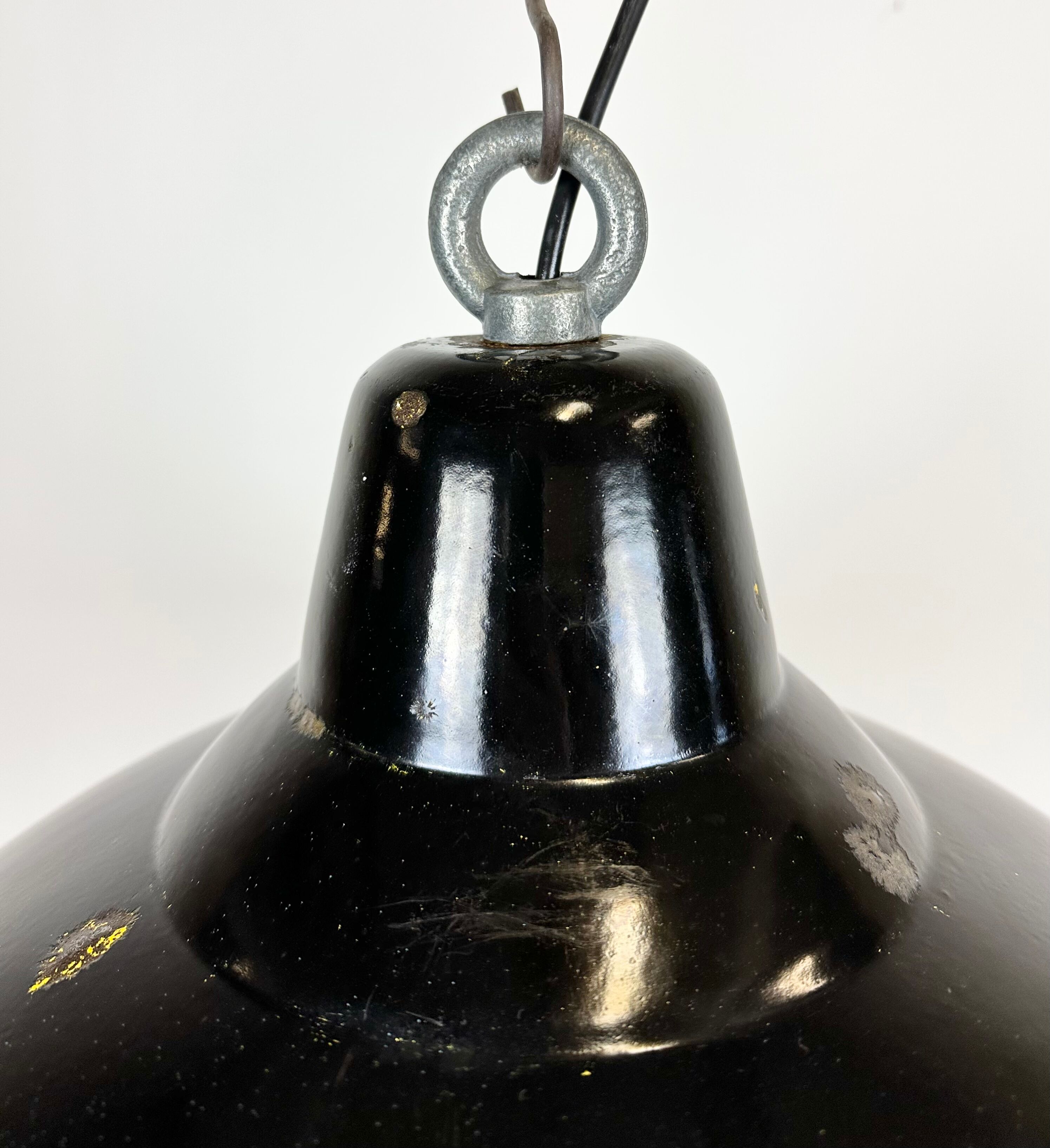 Industrial black enamel factory lamp with iron top, 1960s
