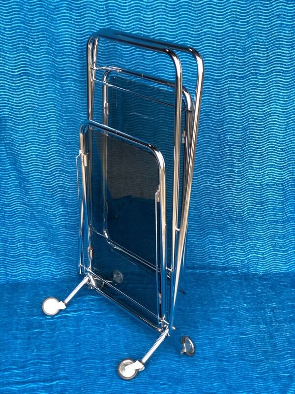 Desserte pliante vintage 1970 a 2 plateaux en verre fume