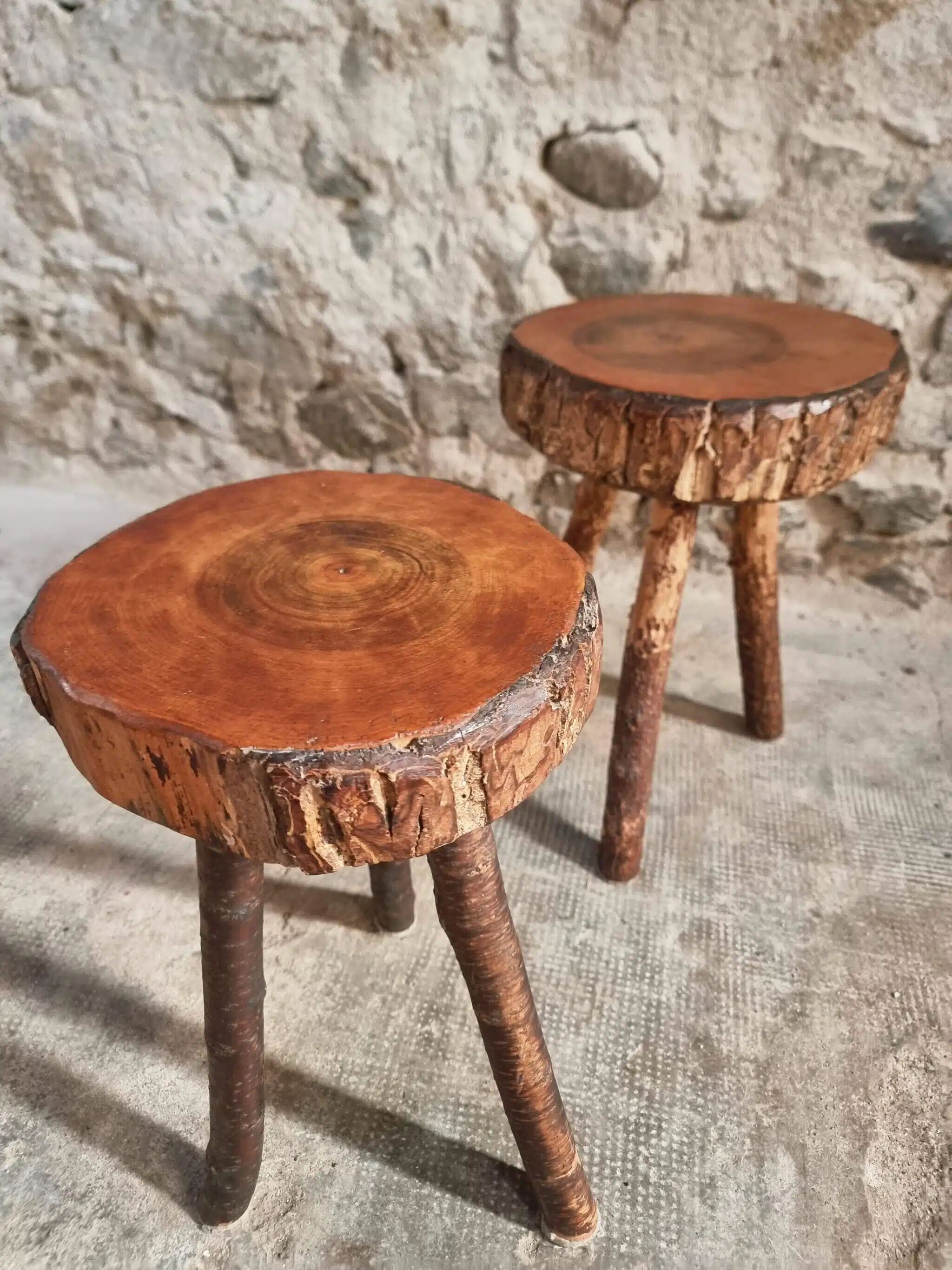 Vintage wooden tripod stools, set of 2, France 1960s