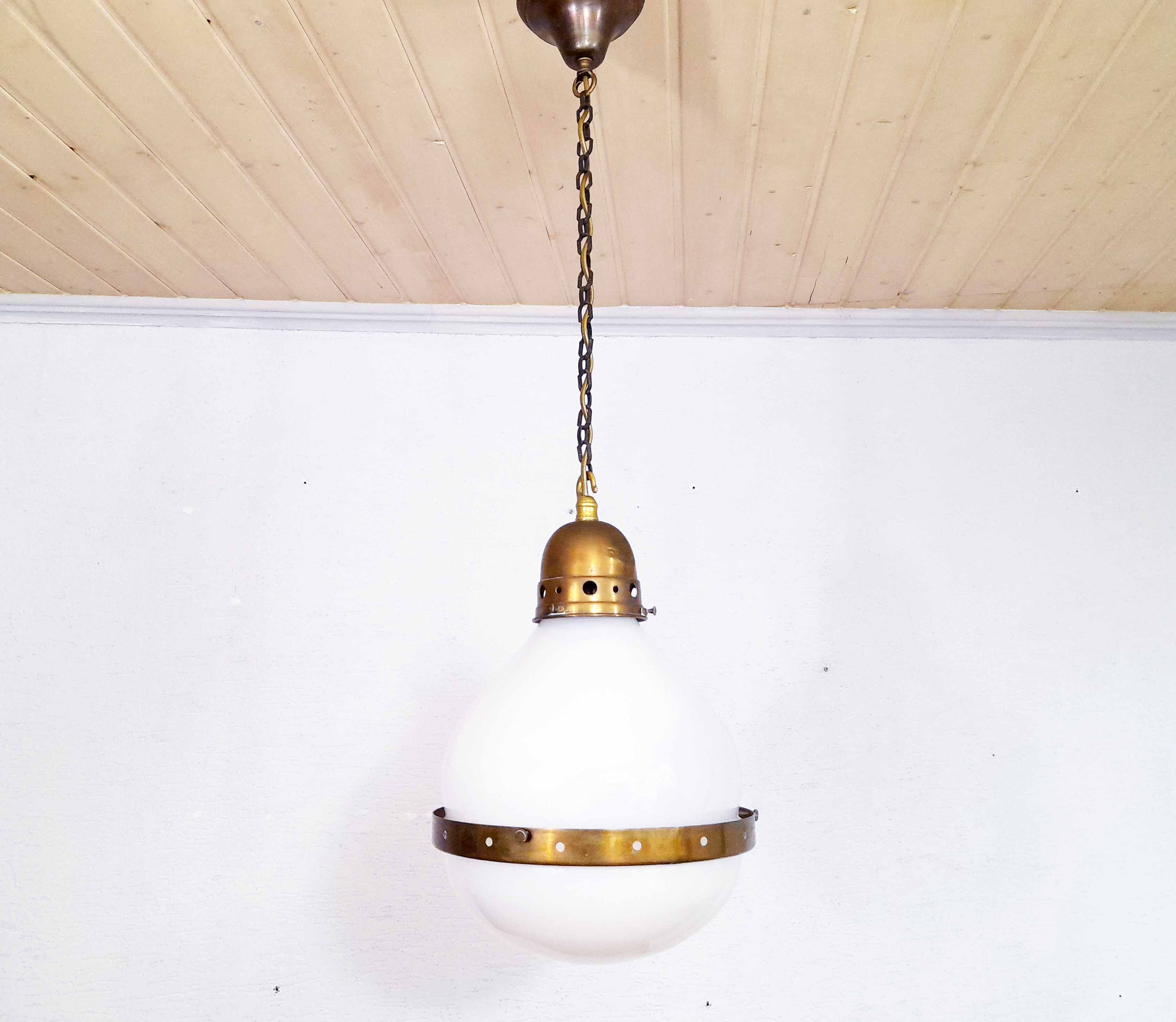 Bauhaus pendant lamp in opaline glass and brass