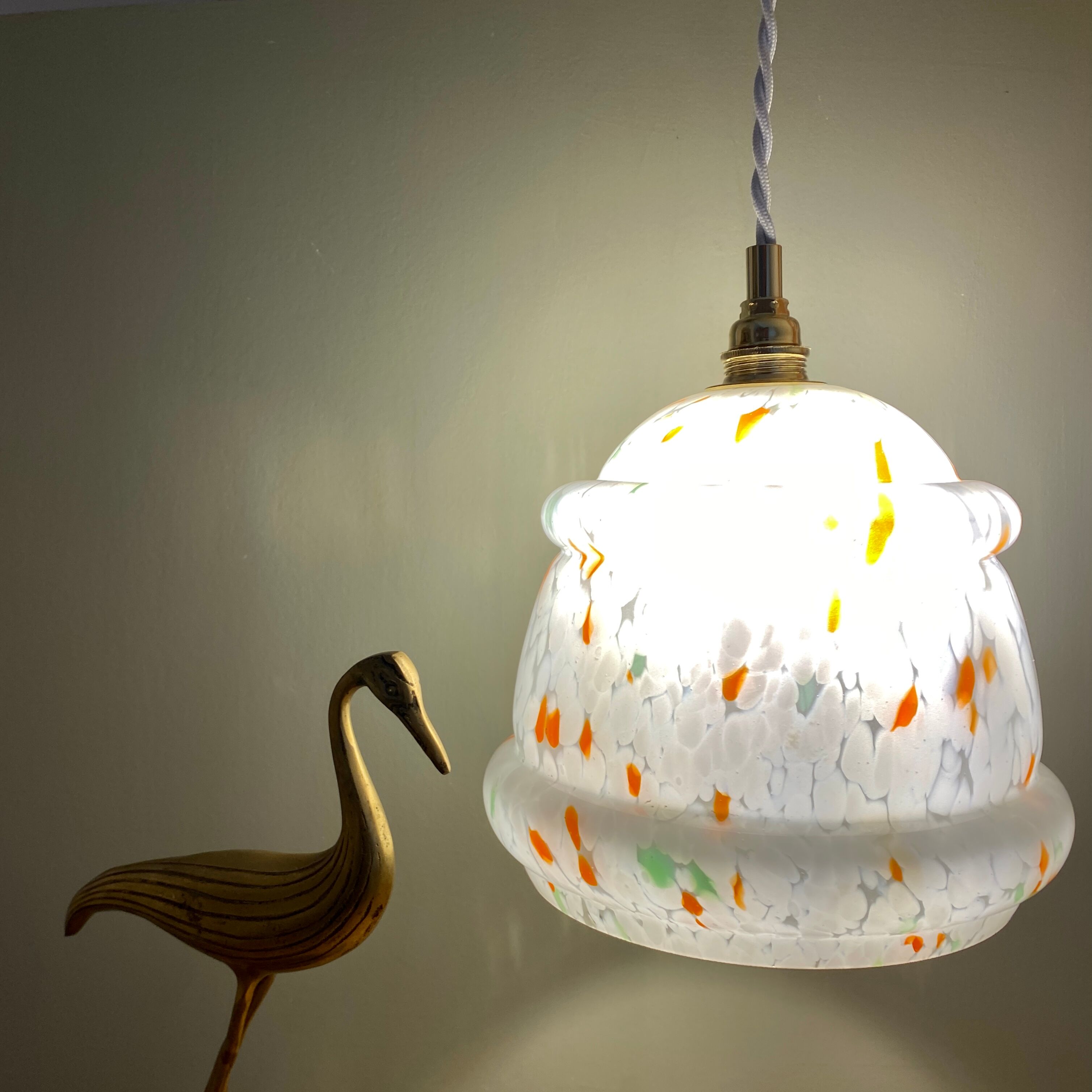 Vintage Clichy glass globe pendant lamp white orange and green
