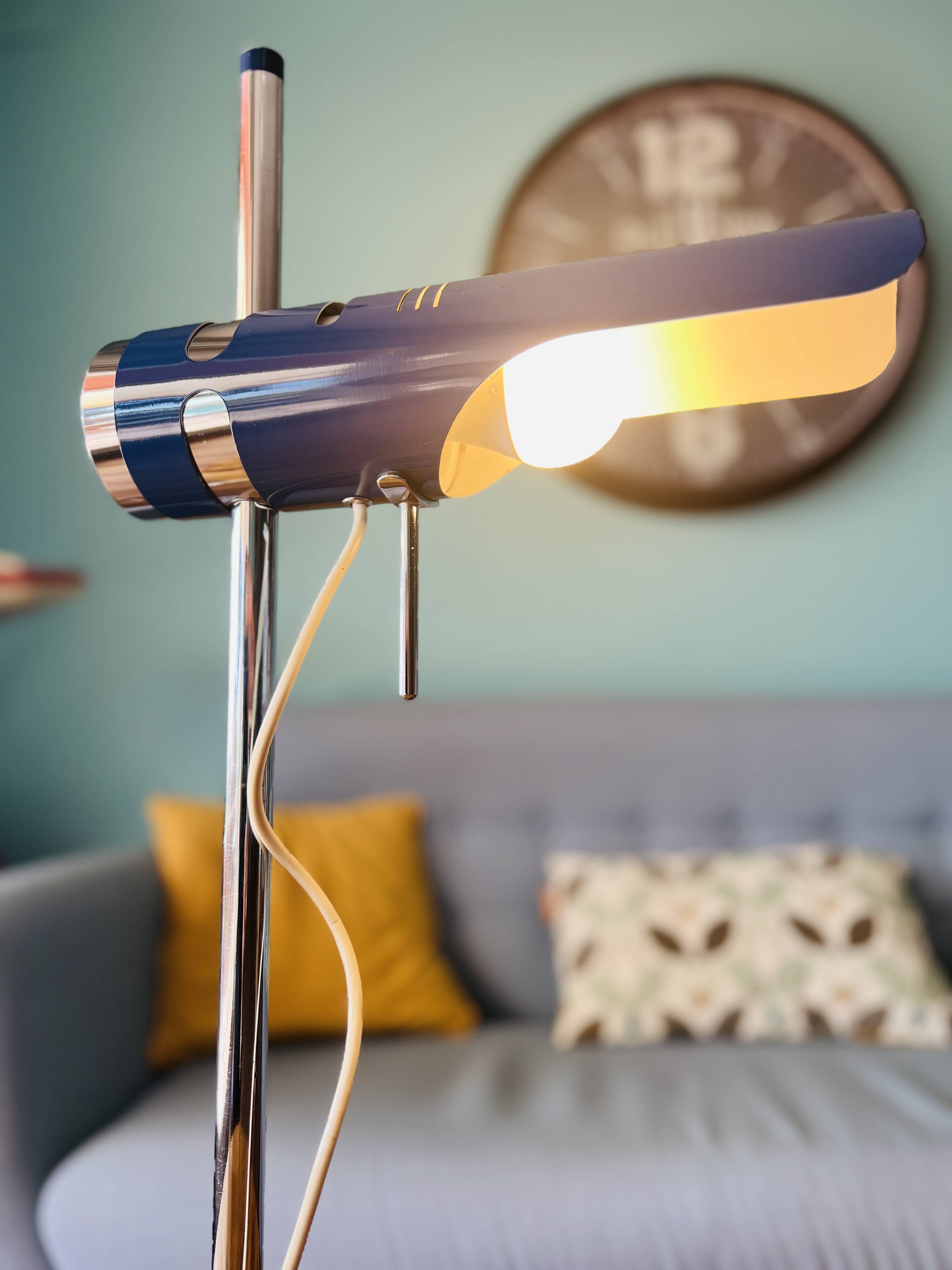 Retro Table Lamp from the 1970s: Articulated Arm, Swivel Shade, Electric Blue Enamel for space age d