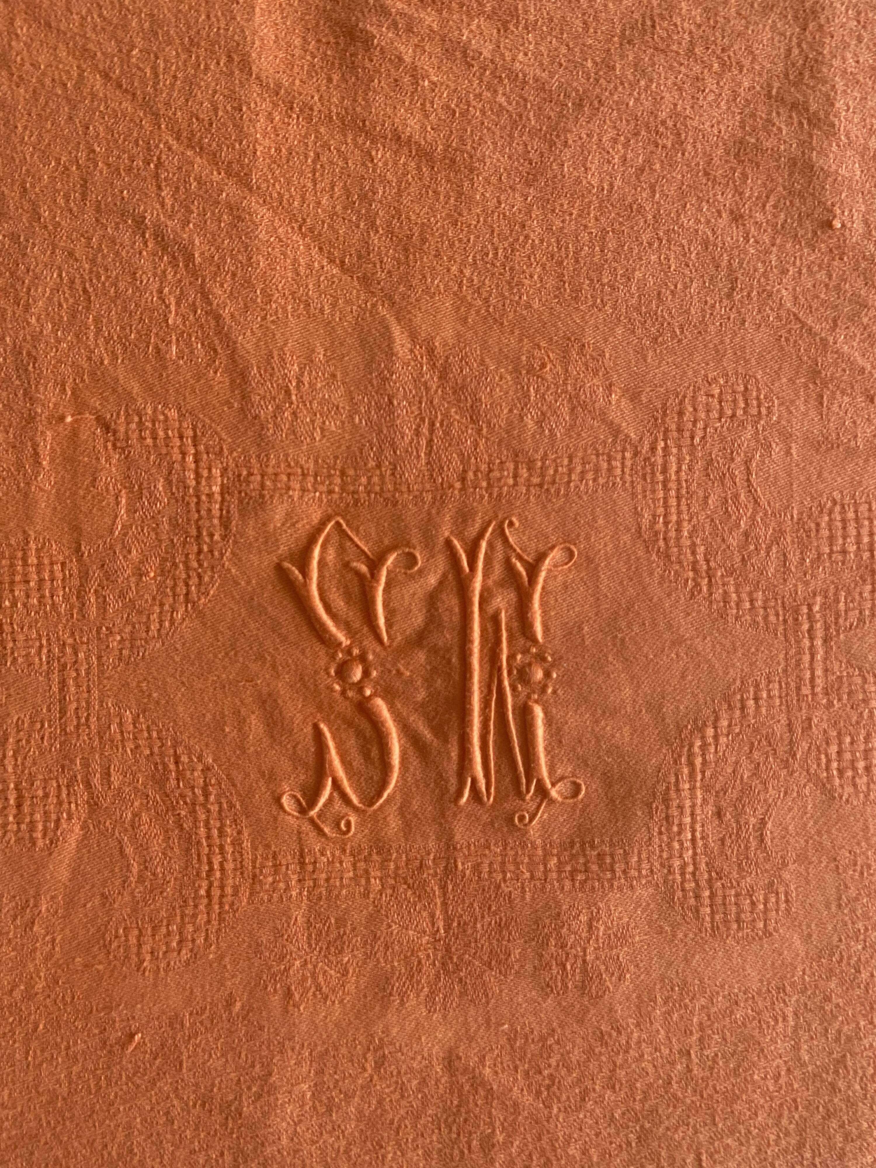 Antique dyed damask tablecloth, monogrammed SW or MS - cotton - 225x145 cm