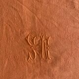 Antique dyed damask tablecloth, monogrammed SW or MS - cotton - 225x145 cm