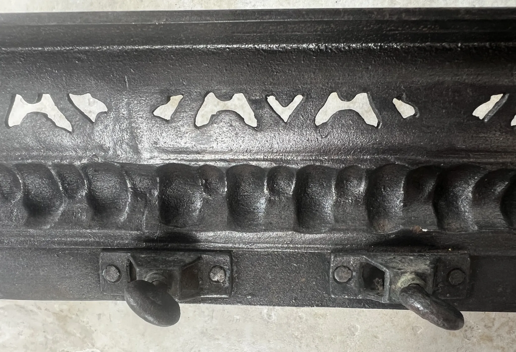 19th-century cast iron fireplace set, bar, andirons & plaque with griffins