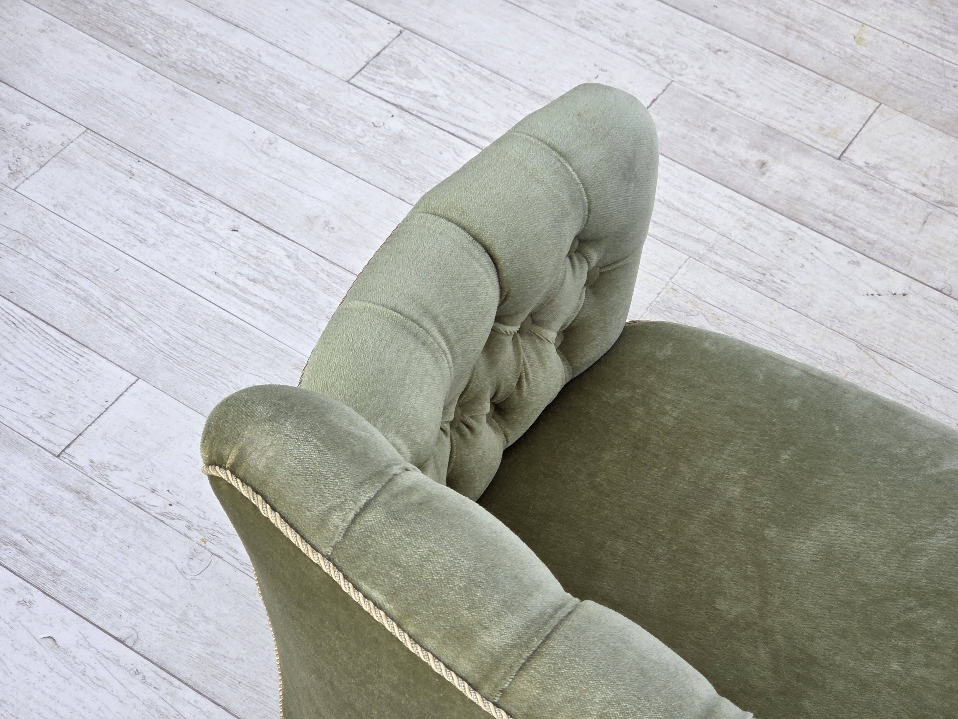 1960s, Danish 2-seater sofa, light green furniture velour, ash wood.