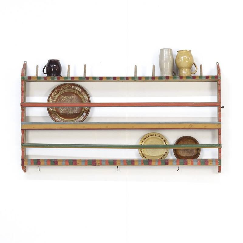 Antique Rustic Farmhouse Folk Art Painted Kitchen Plate Rack / Wall Shelve