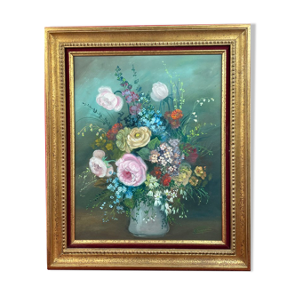 Painting oil on canvas, bouquet of flowers - signed S. Picquet