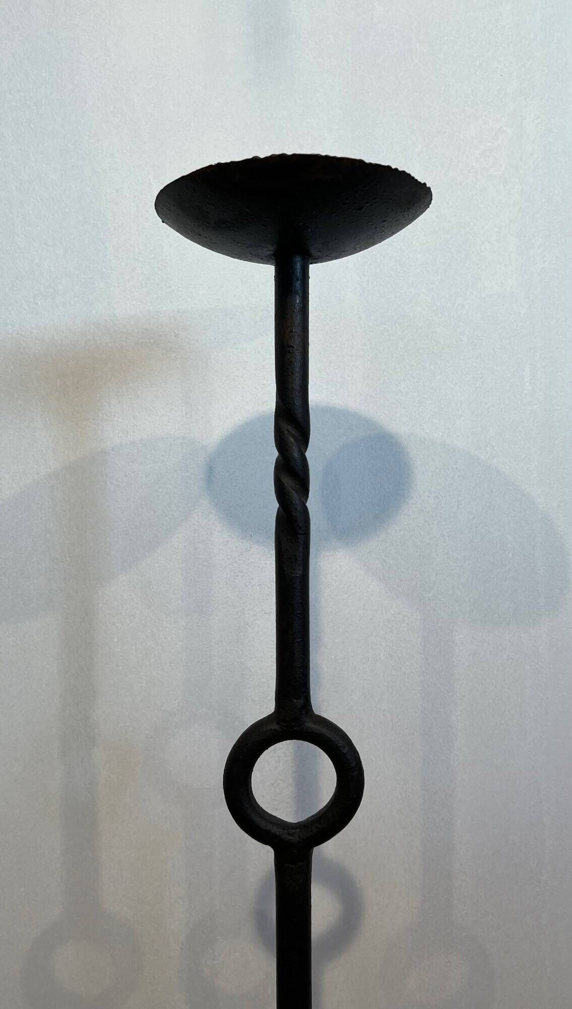 Pair of Iron Forged Candle Holders on a Stand with a Twisted Shaft and Ring. Work