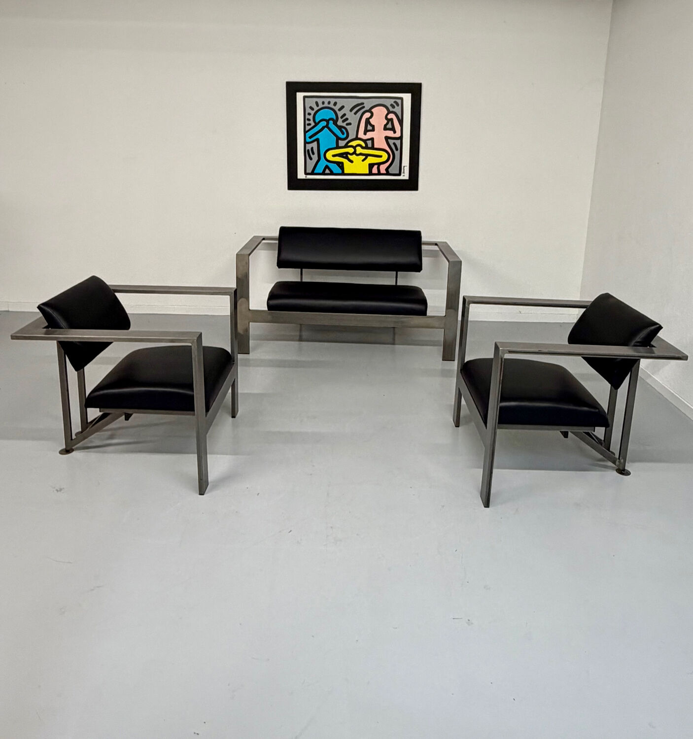 Salon brutaliste fauteuils simili métal design Karl Friedrich Forster