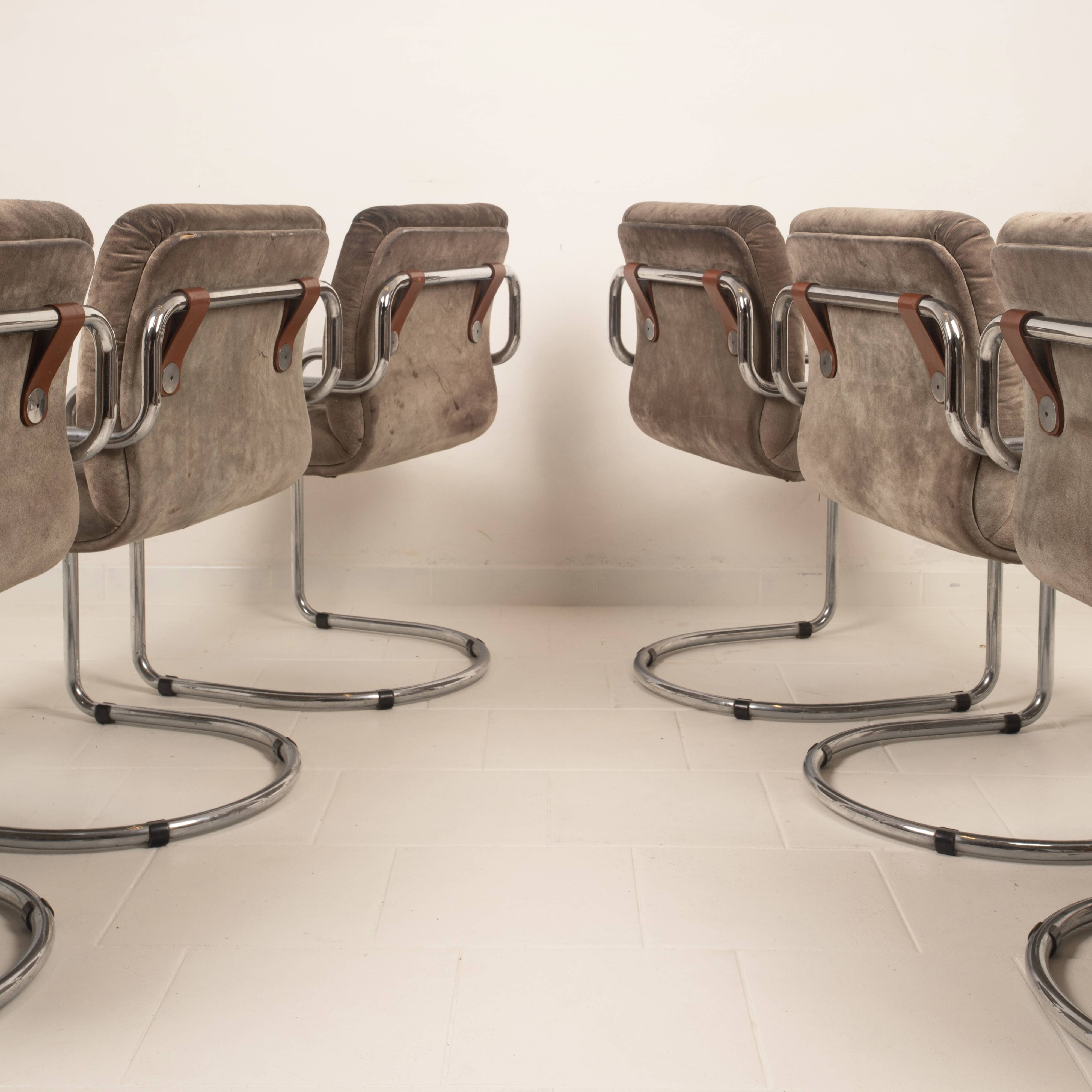 Guido Faleschini Italian Astro Chrome and Taupe Suede Armchairs for i4 Mariani