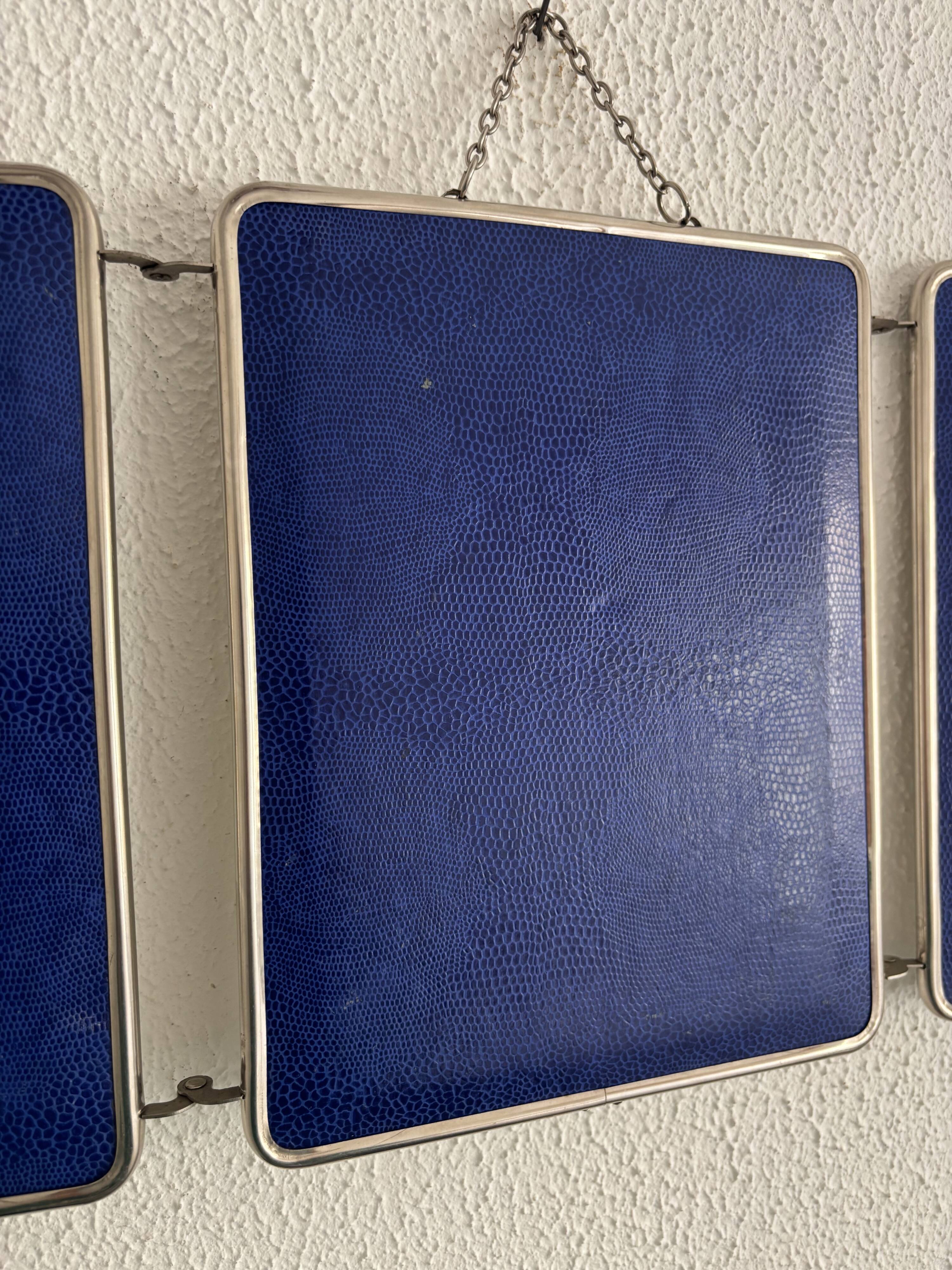 Vintage 1960 triptych mirror barber Mirbel blue Klein lizard imitation - 27