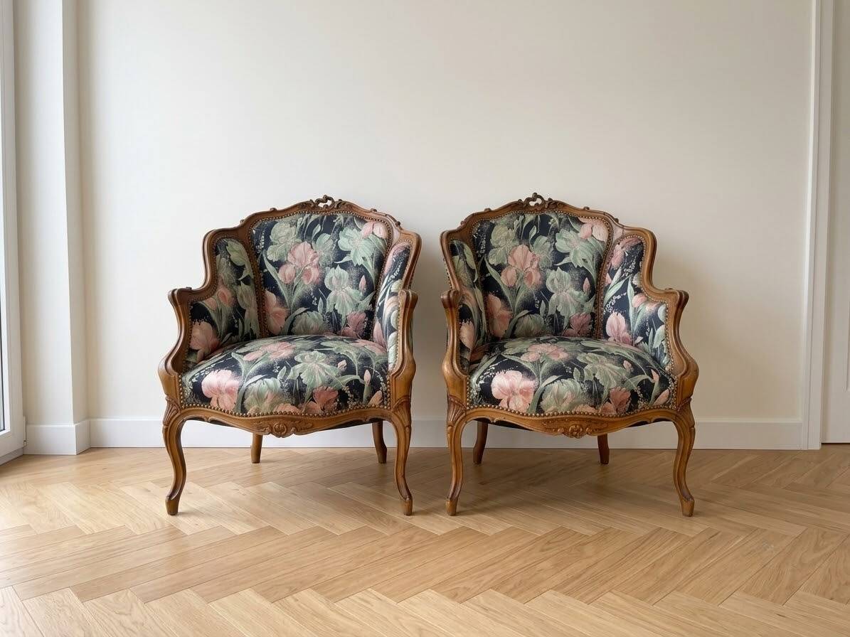 Louis XV style armchairs, the pair.