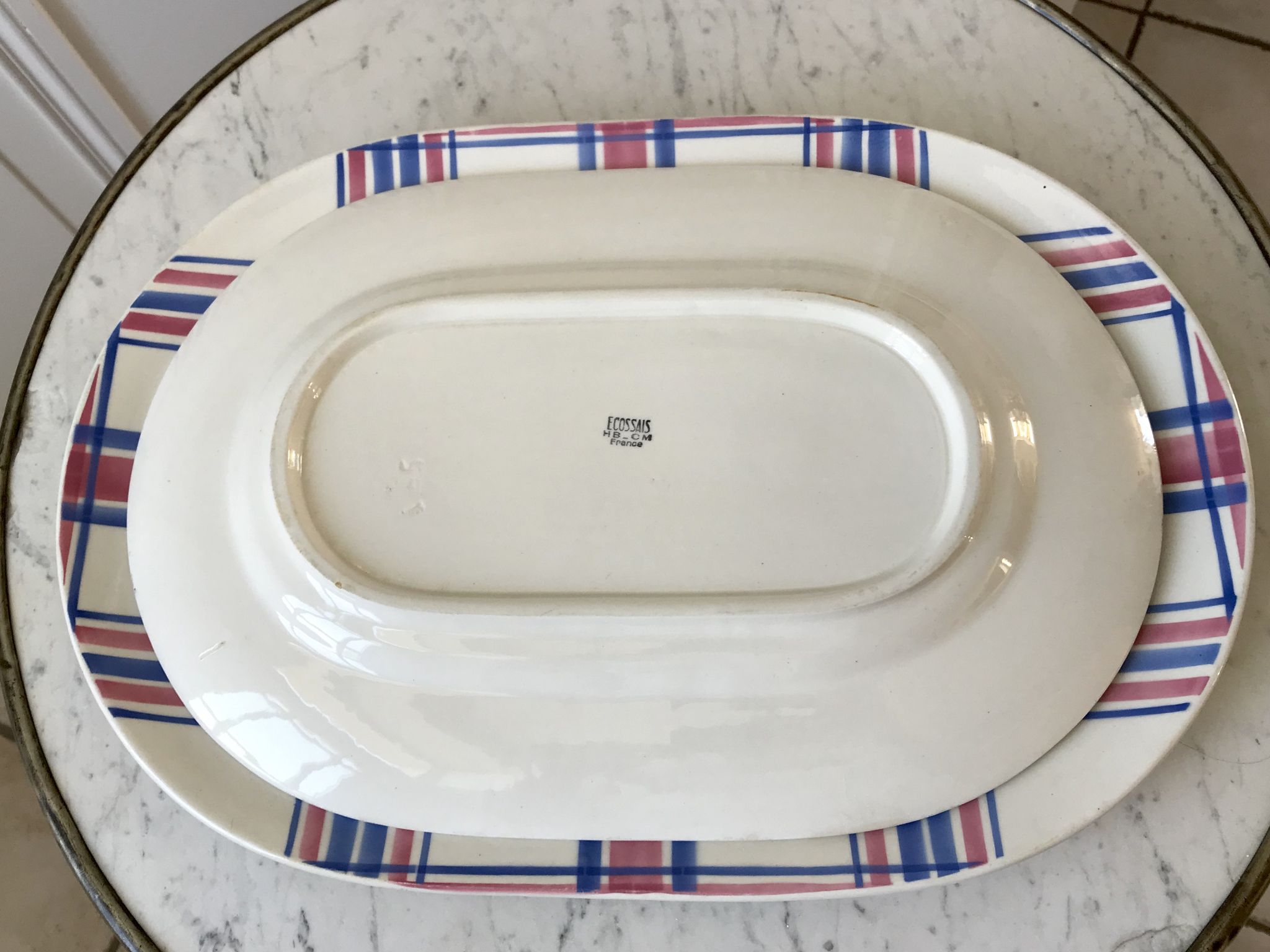 Duo of rectangular dishes HBCM model "Scottish" pink and blue 50s
