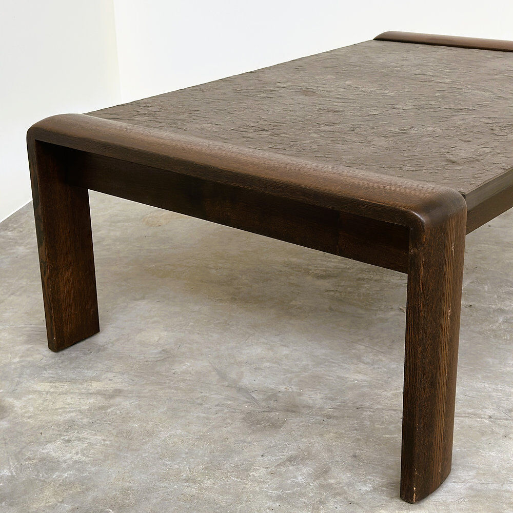 Vintage Belgian oak & fossil slate coffee table, brutalist modern, 1970s