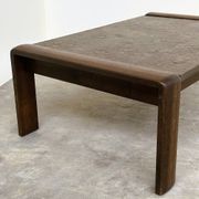 Vintage Belgian oak & fossil slate coffee table, brutalist modern, 1970s