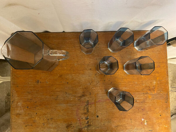 Service A Orangeade OCTIME Octogonal Carafe Verre Moulé + 6 Verres Vin