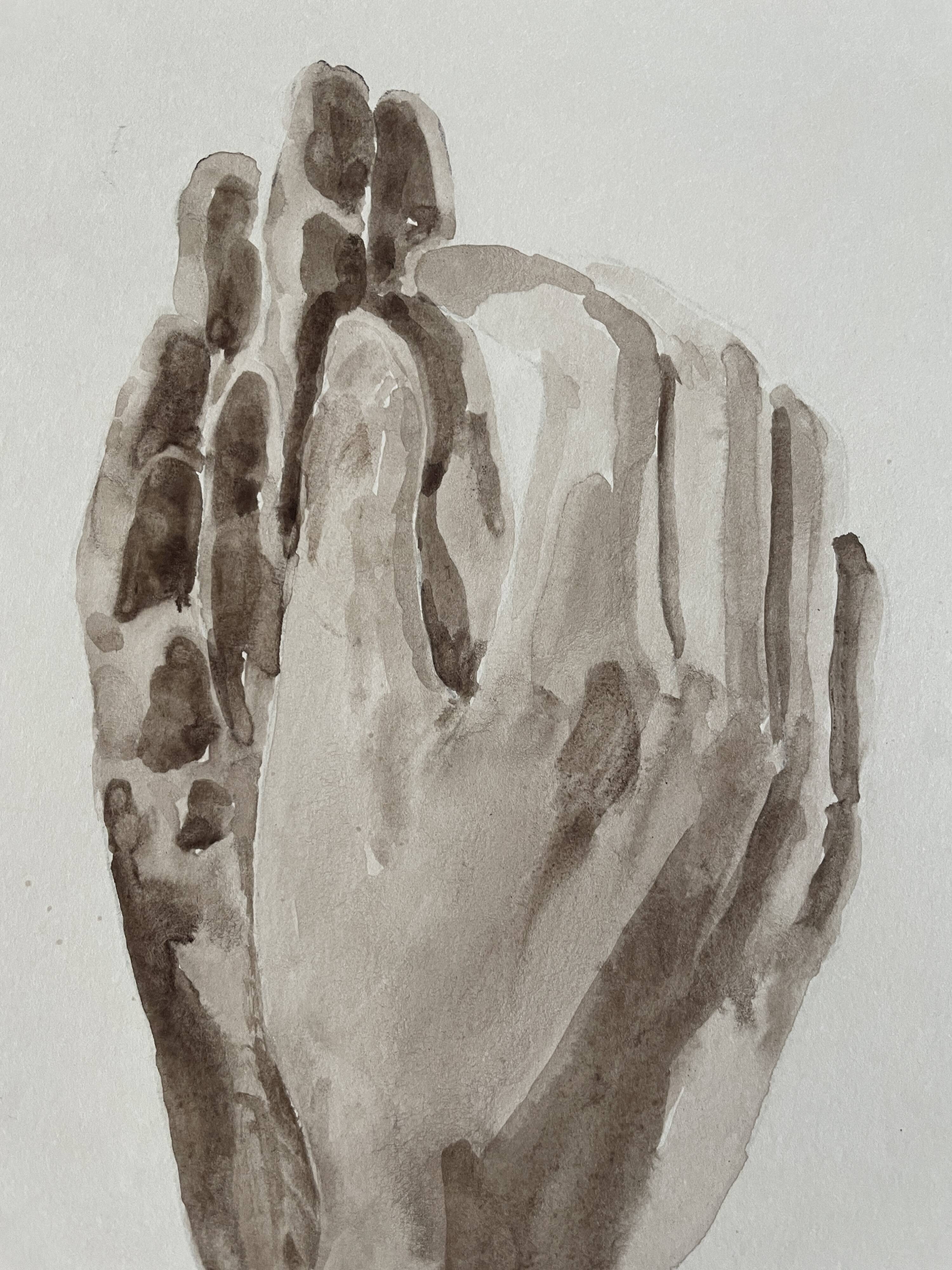 Painting signed watercolor monochrome sepia study statue “Rodin’s Cathedral”