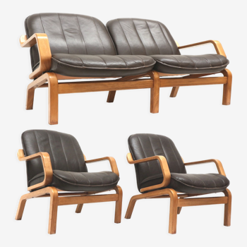 Ensemble de canapé 2 places danois vintage et 2 fauteuils avec revêtement en cuir des années 1970