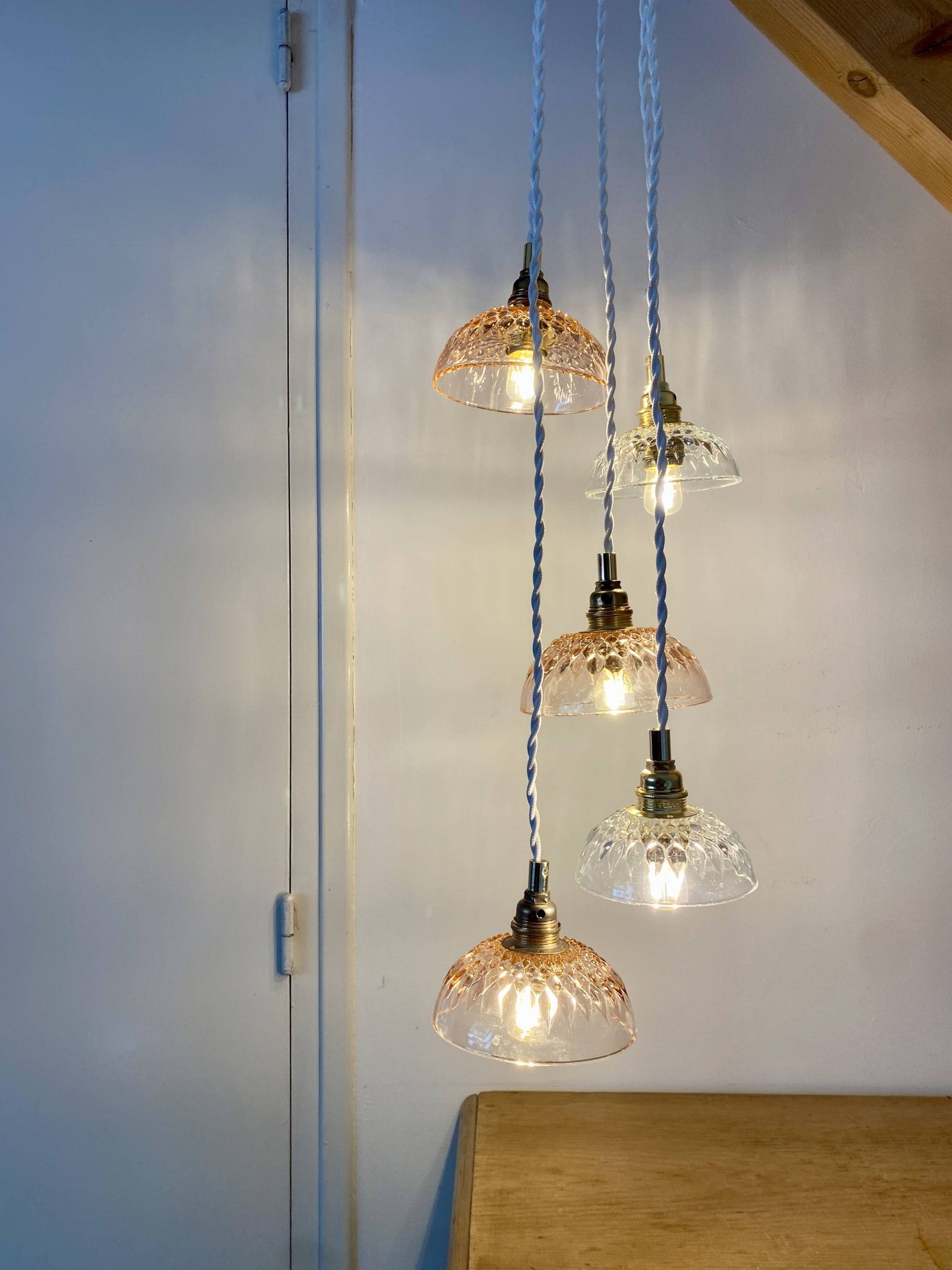 5-light waterfall pendant light with vintage pink and transparent glass shades