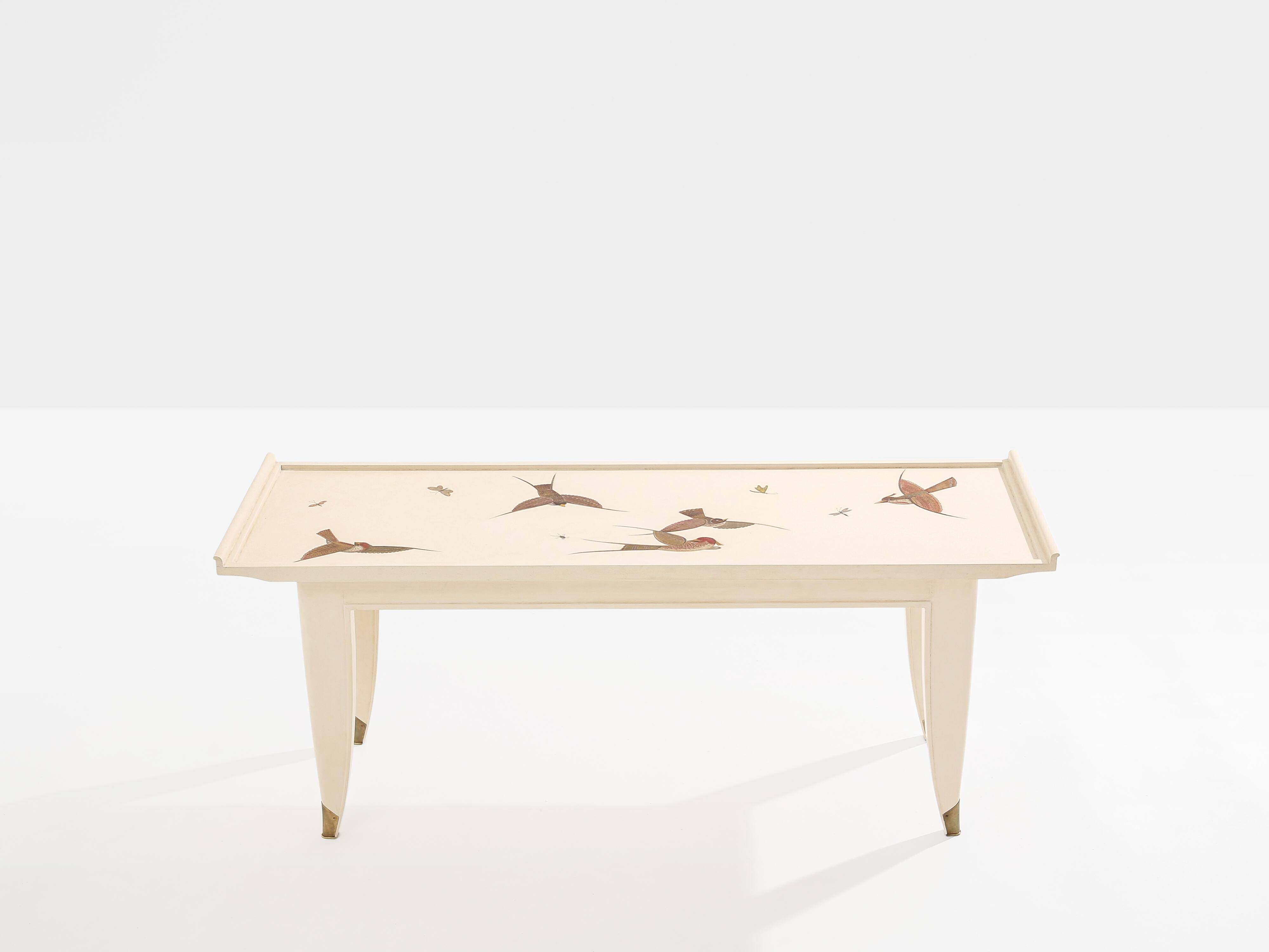 Maurice Jallot coffee table, painted oak with bird decorations, 1930.