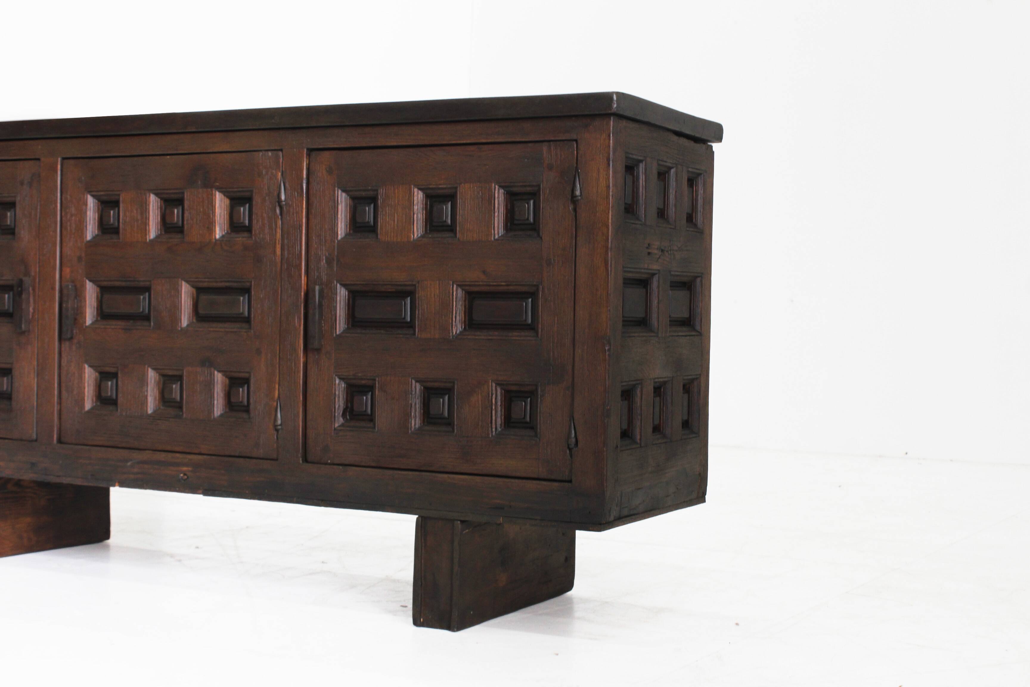 Vintage Brutalist Spanish carved sideboard credenza