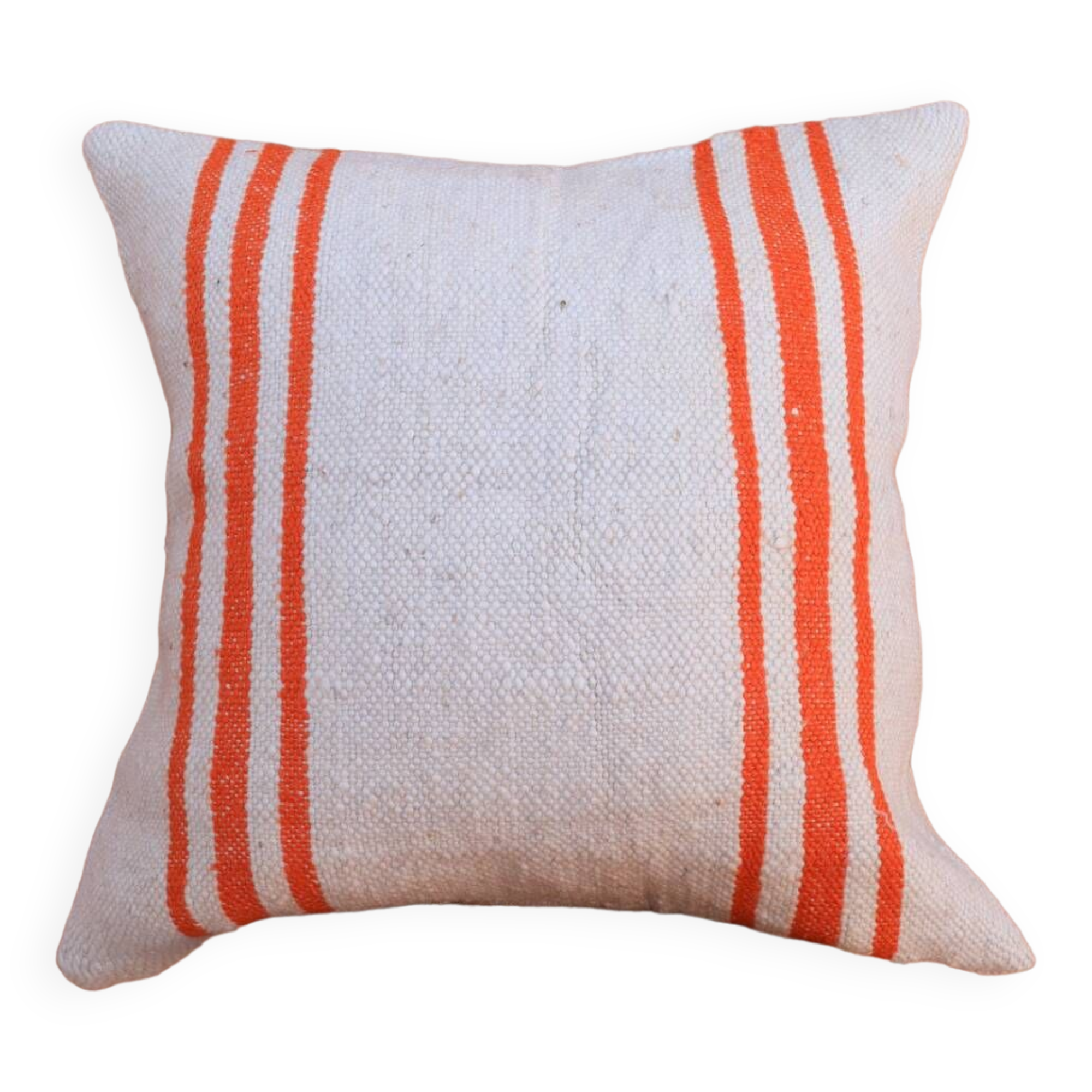 Orange and white striped handmade wool cushion