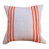 Orange and white striped handmade wool cushion