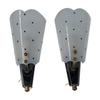 Pair of wall lamps from the 50s in metal, brass and plexiglass