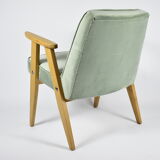 Classic Polish Vintage Armchair, model 366 designed by J. Chierowski, 1960, olive velvet, oak wood