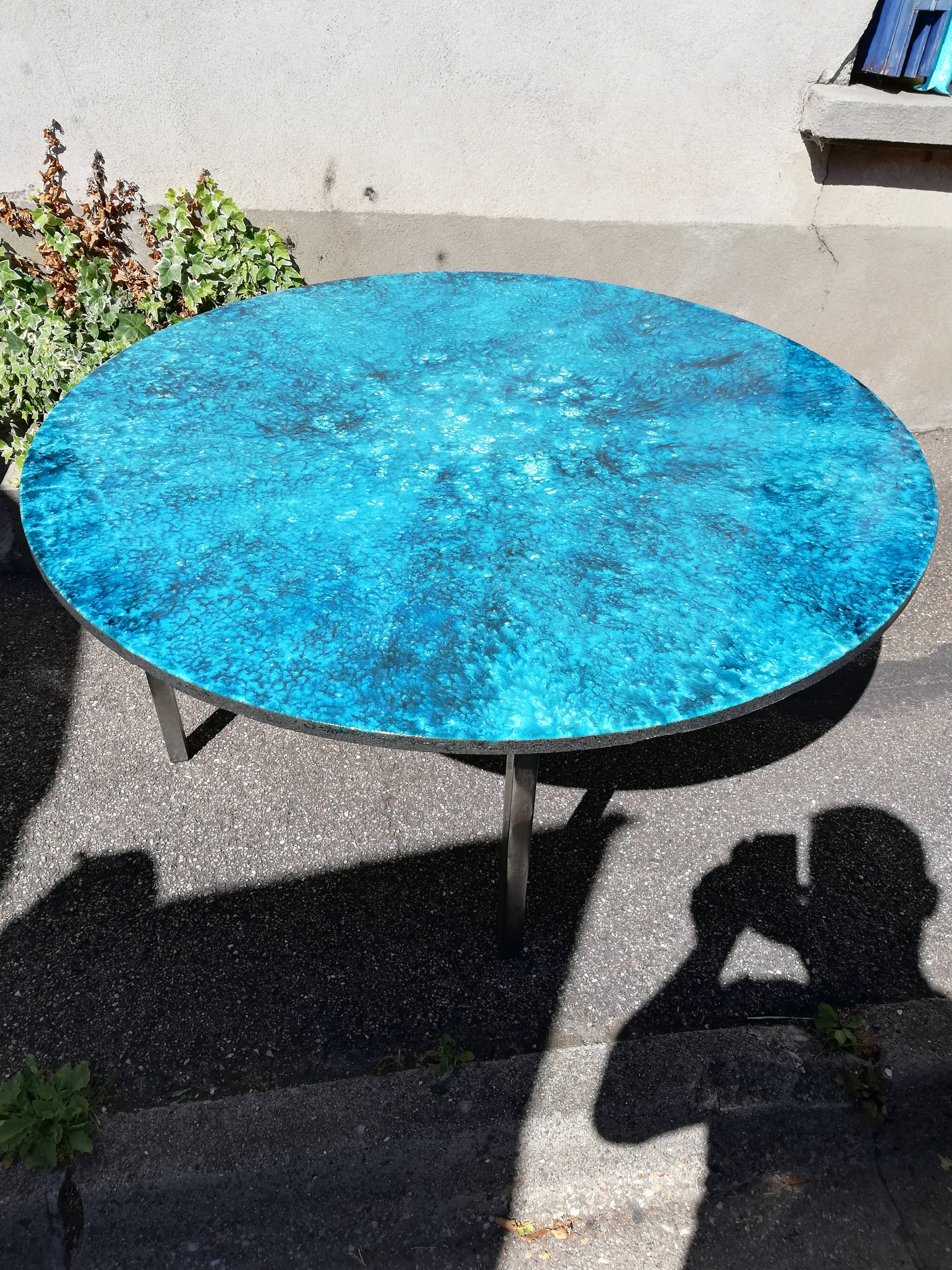 Blue enamelled lava stone coffee table