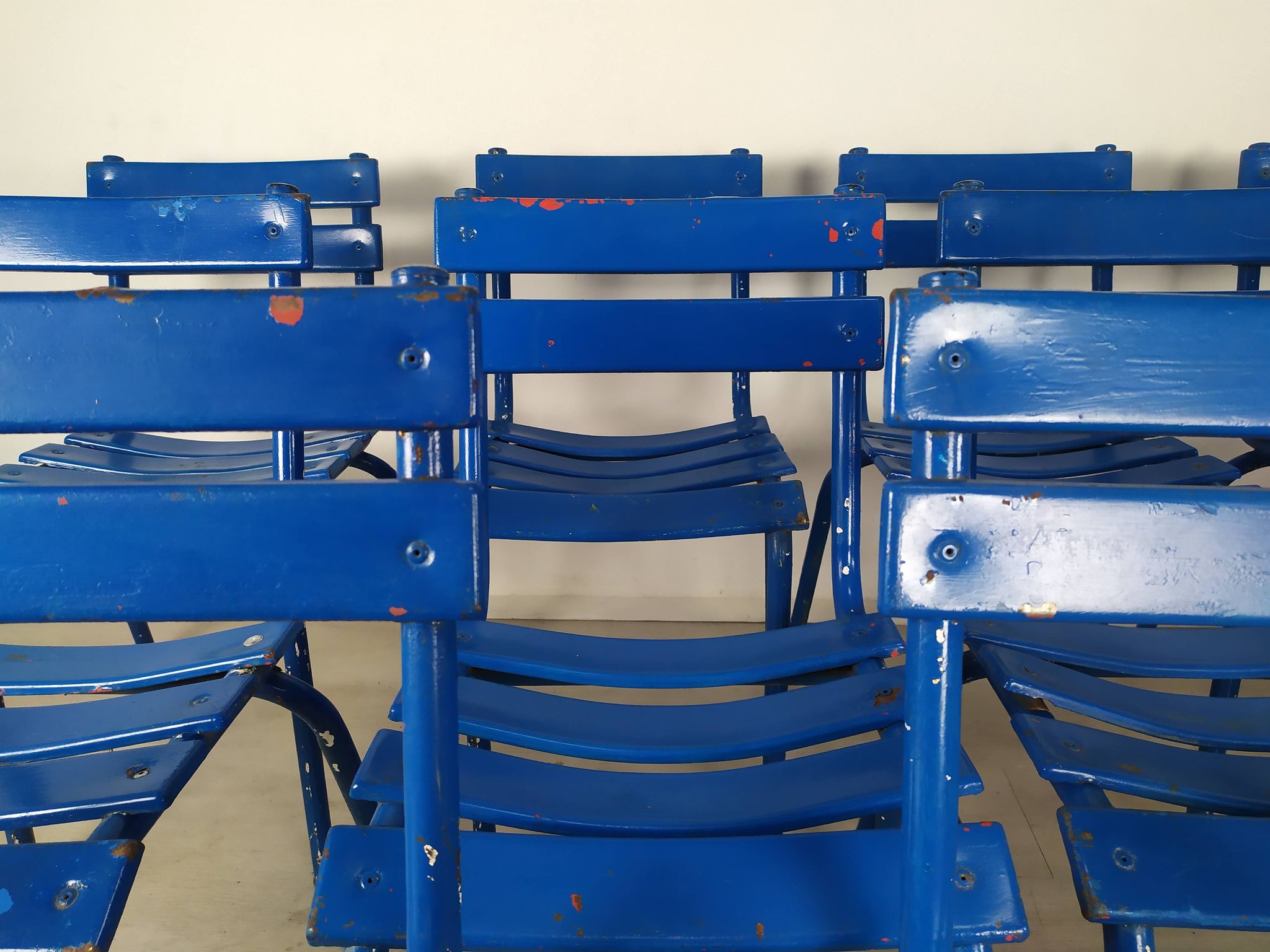 14 blue metal bistro chairs