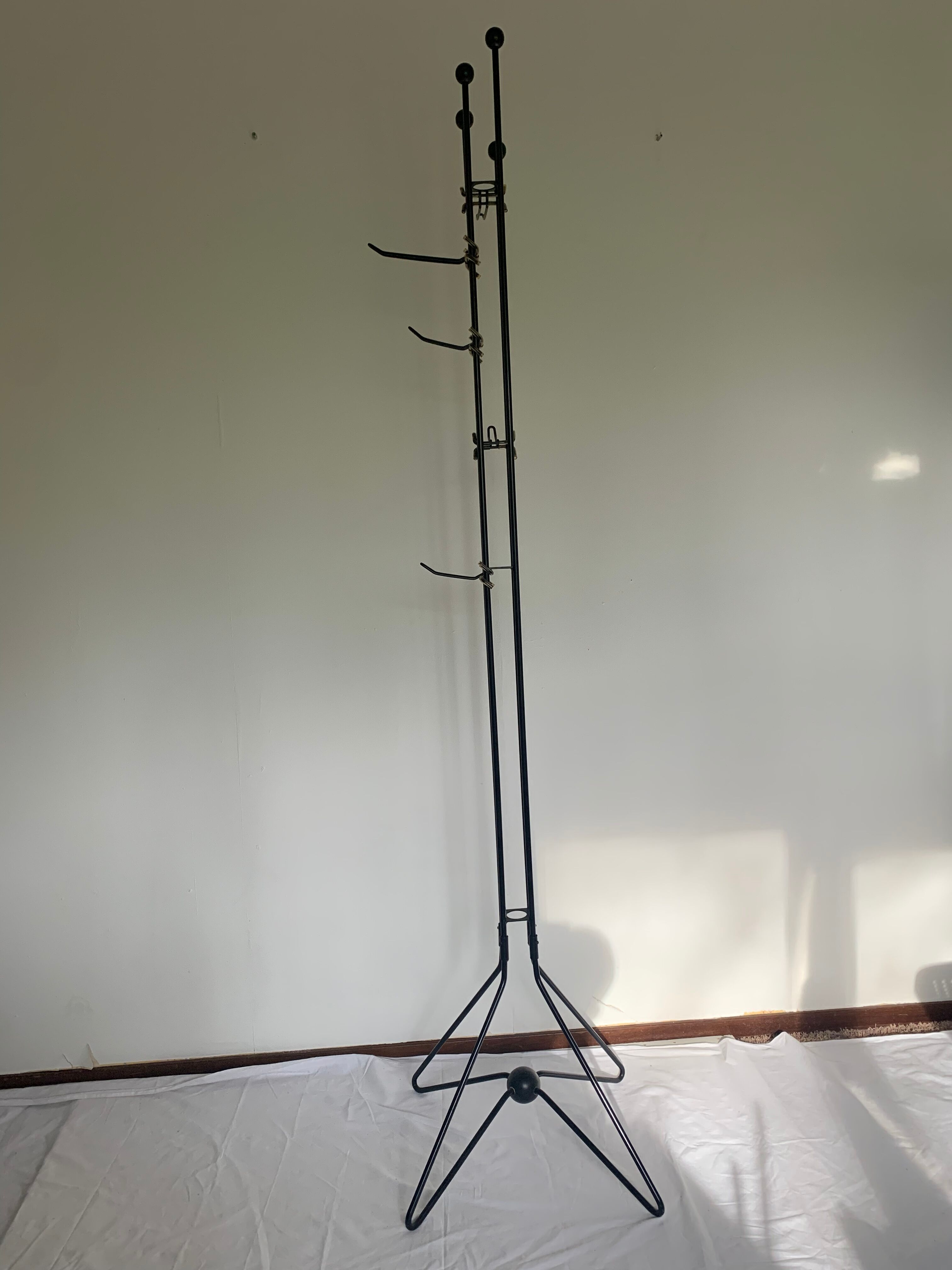 Vintage sixties iron and wood brutalist art deco standing coat rack France