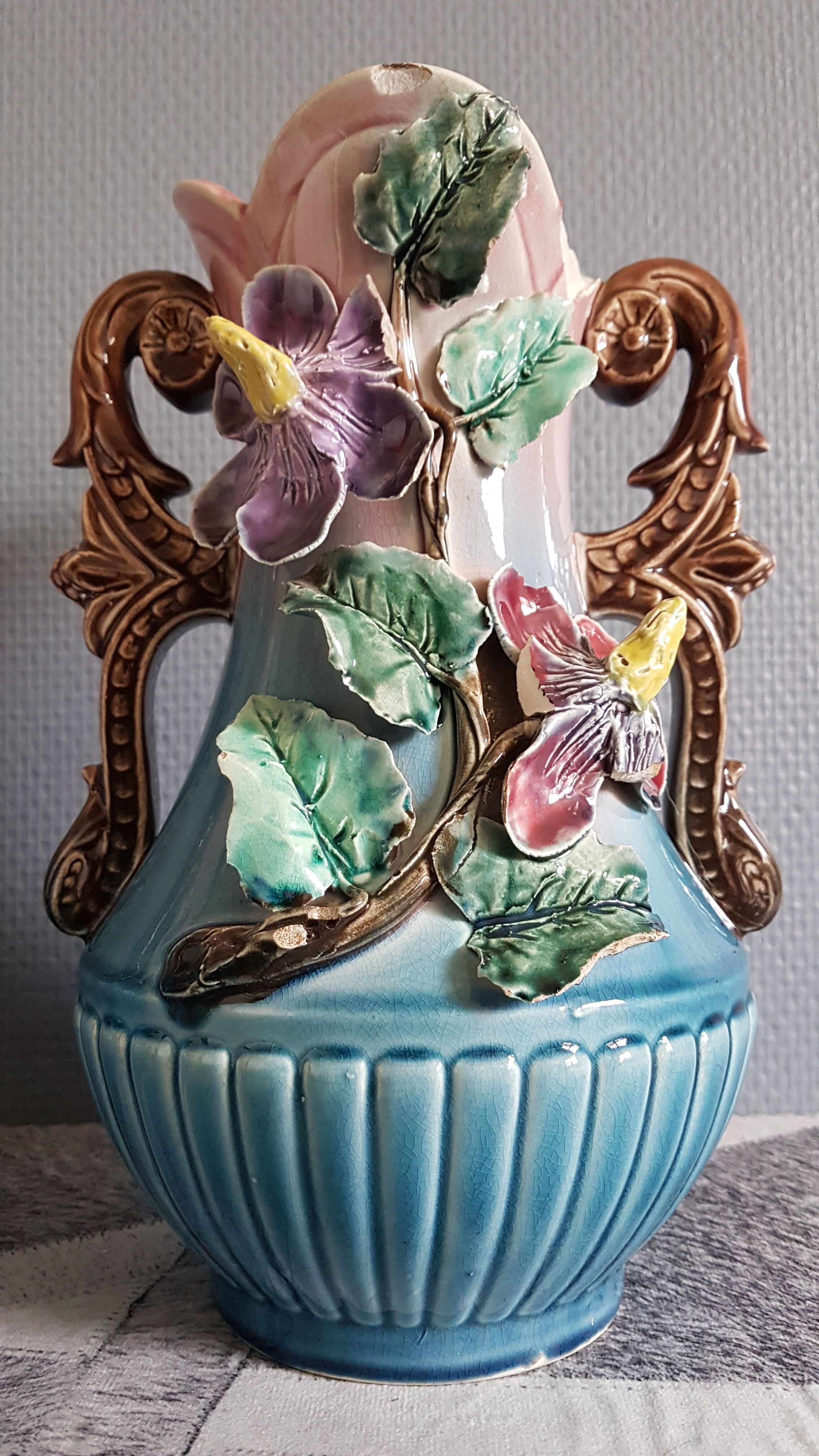 blue and pink art deco polychrome dabbling vases with floral decoration