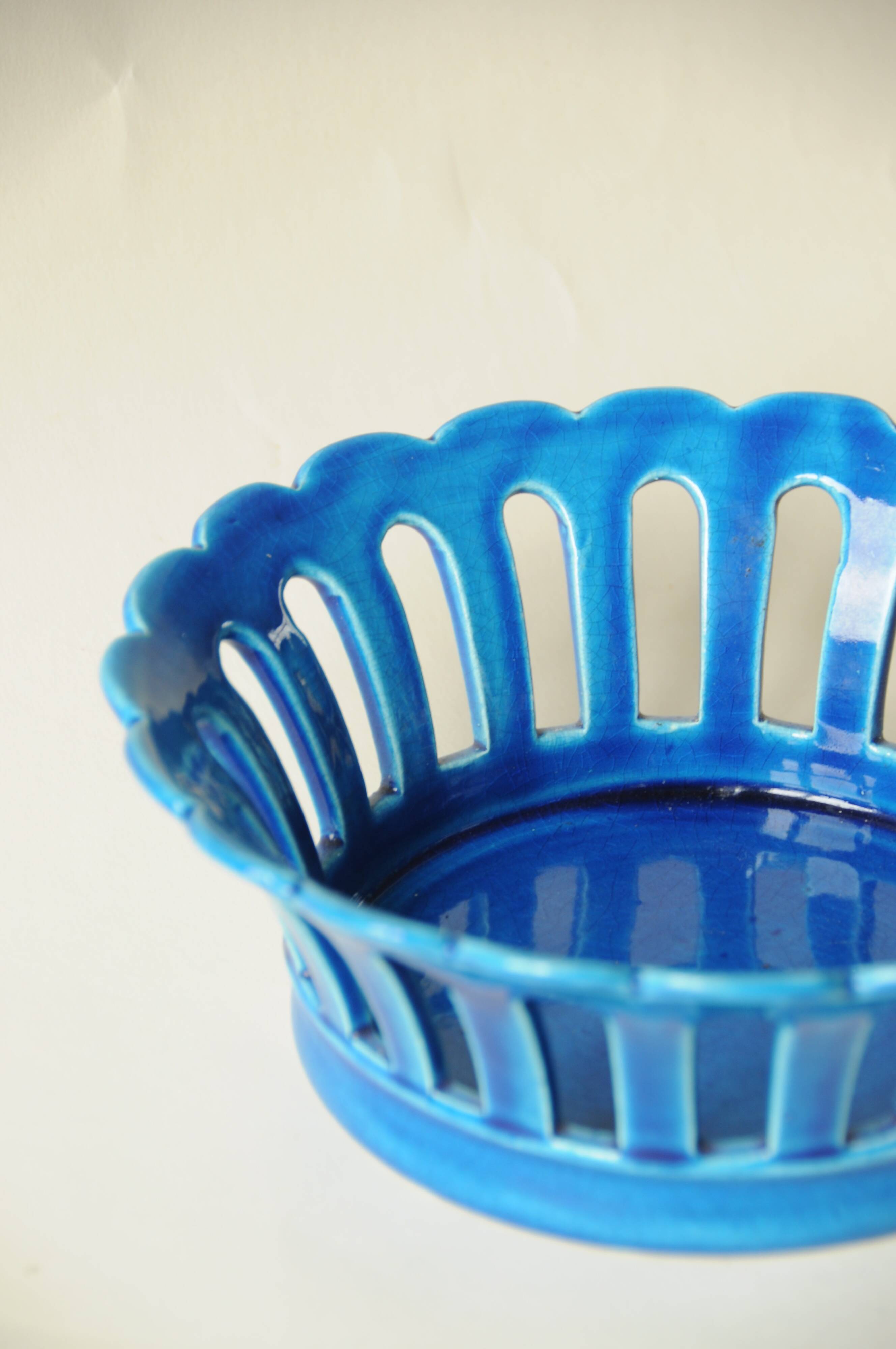 Blue openwork ceramic fruit bowl DLG from Bourg-Joly Malicorne