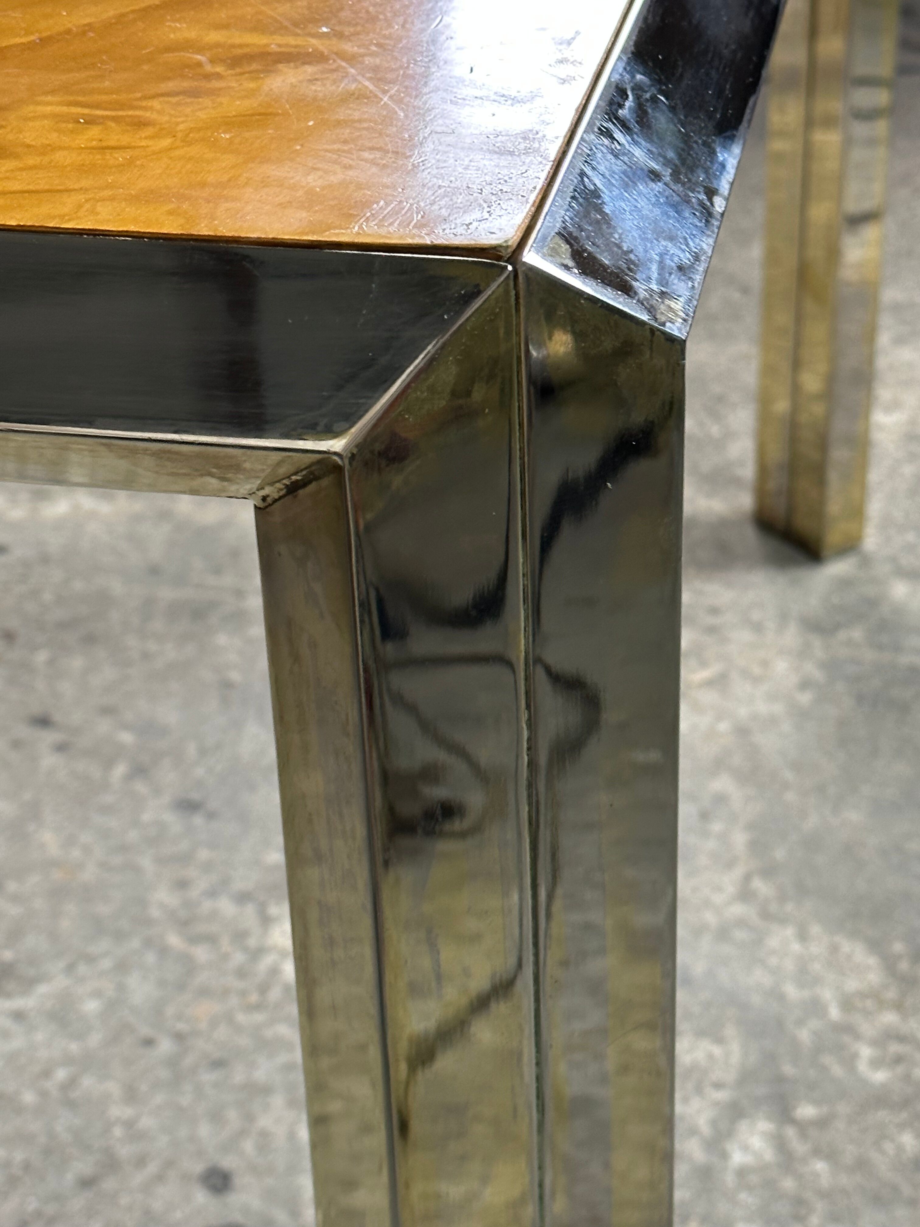 Square table vintage 70 Italian metal moiré and elm magnifying glass