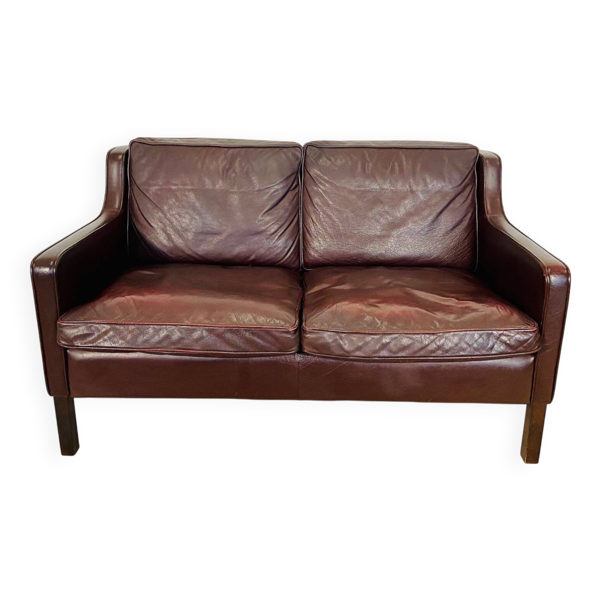 Vintage danish mid century dark cognac leather 2 seater stouby sofa