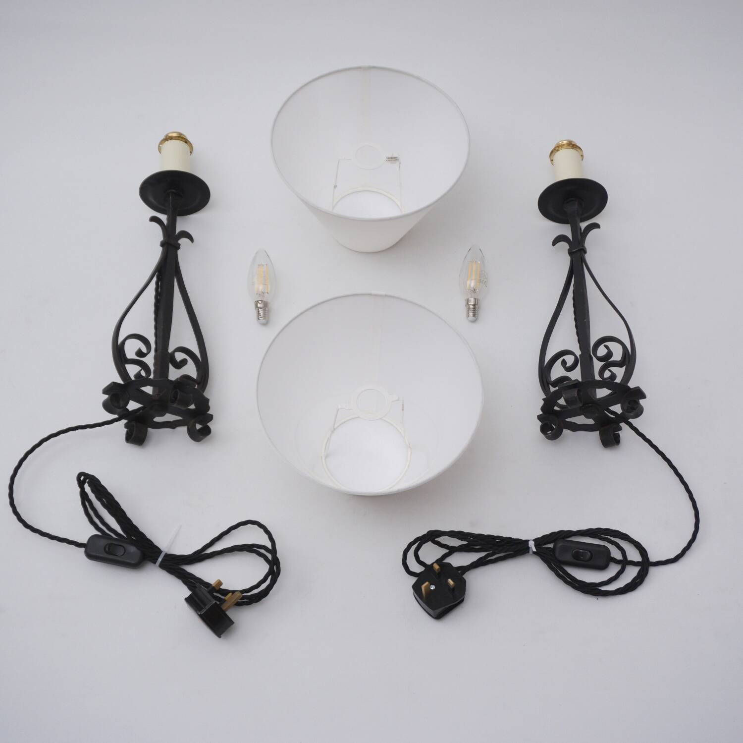 Arts & Crafts pair antique wrought iron table lamps 1920's English, rewired