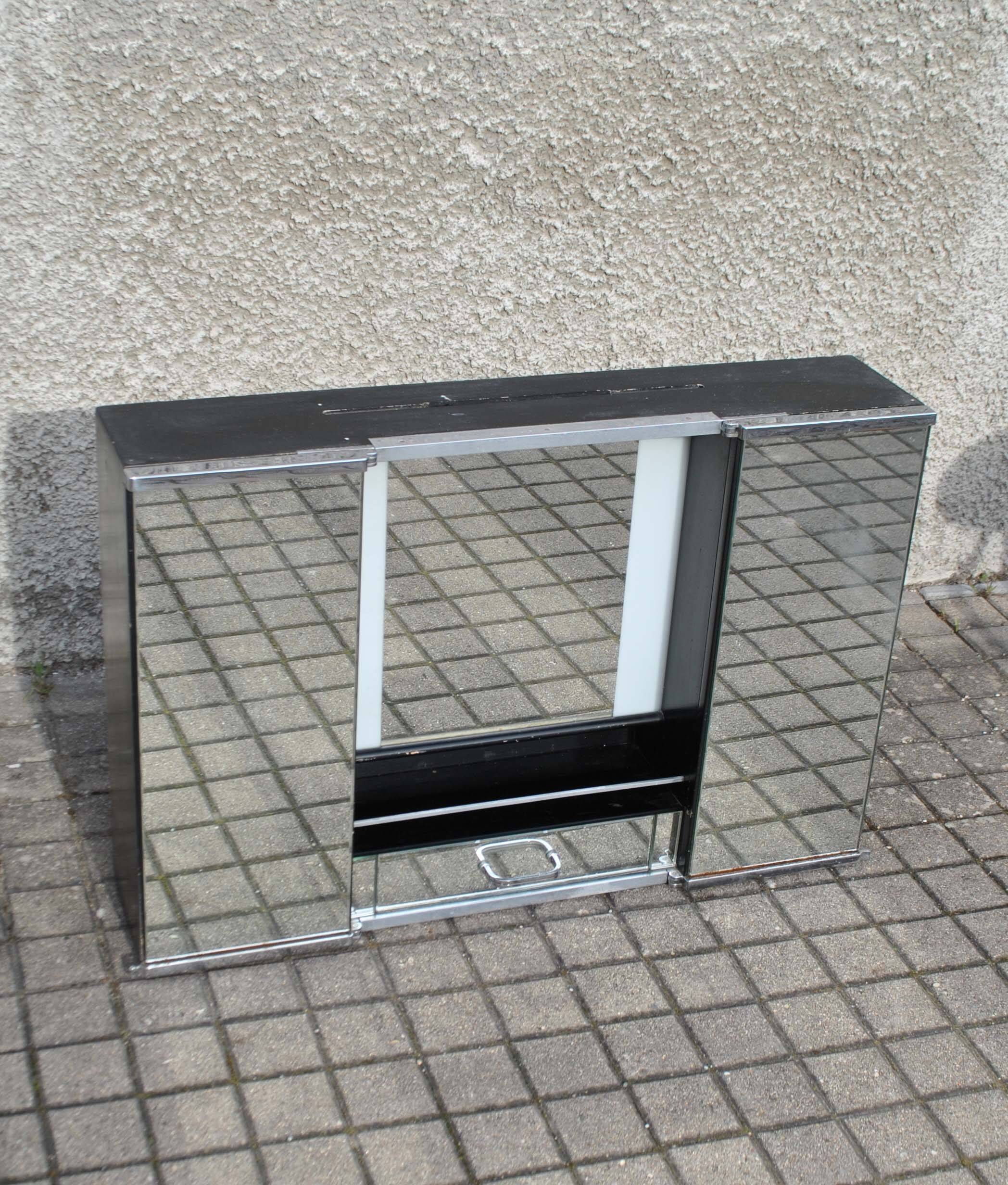 Vintage mirror cabinet in wood and chrome metal - backlit dressing table shelf 1950-1960