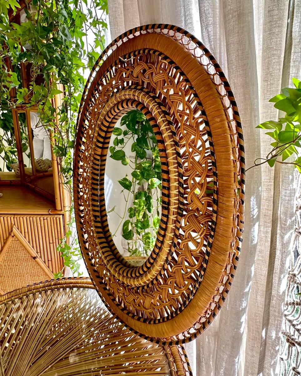 Oval mirror in rattan and wicker, 1970