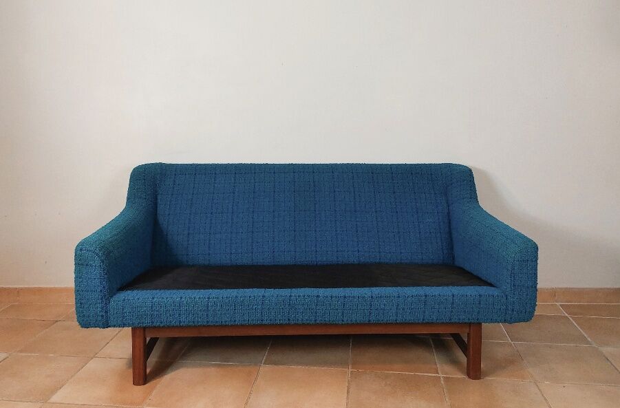 Norwegian living room set in blue fabric, vintage scandinavian 1960s