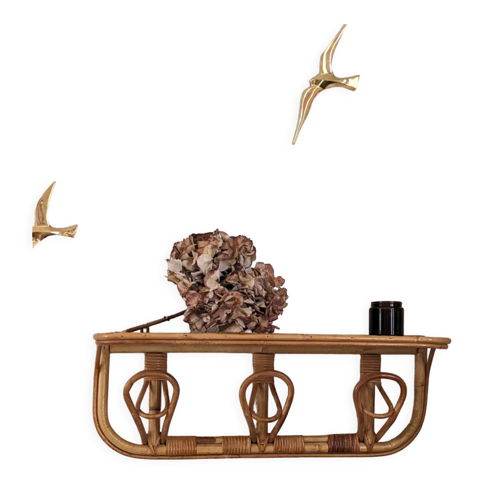 Shelf coat rack hooks vintage rattan